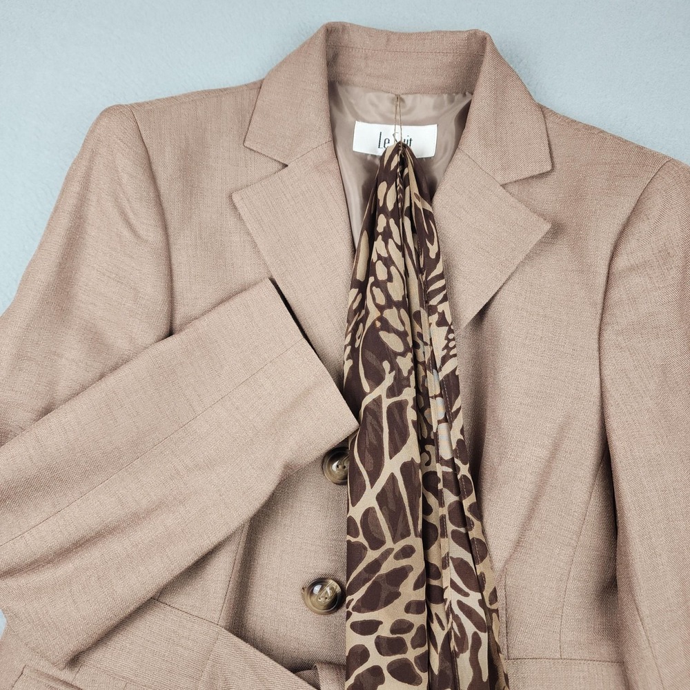 Le Suit Blazer Womens 10 Beige Belted 2 Piece Jacket Scarf Career NWT Workwear